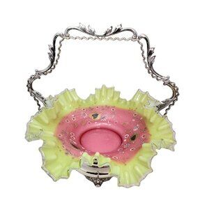 Victorian Meriden Britannia Brides Berry Basket Bohemian Gold Spangle Glass 1890